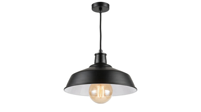 Black industrial pendant lamp with warm edison light bulb, modern hanging ceiling light for home interior, PNG, isolated on transparent background