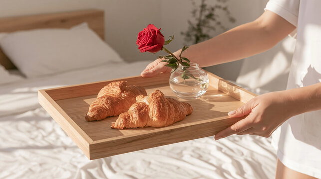 Breakfast bed tray croissant rose hand bedroom romantic morning wooden tray bring thoughtful Valentine breakfast to sunlit bedroom creating warm