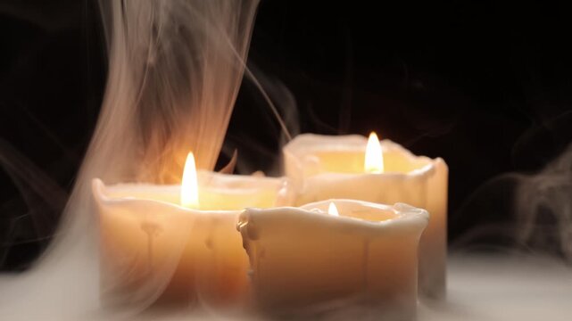 Three thick cream-colored candles with irregular, melted edges&mdash;burning with a bright flame and surrounded by thick smoke&mdash;rotate against a black background.
