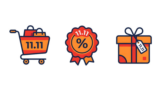 11.11 Singles Day shopping festival colorful vector icon set. E-commerce discount promo with cart, percent badge and gift box isolated on white