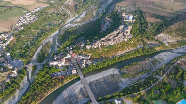 Aerial view above medieval village of Ainsa and castle in Spanish Pyrenees, Huesca, Spain
