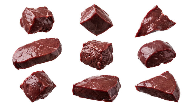 Raw beef liver pieces and cubes, fresh dark red offal meat ingredient for cooking, PNG, isolated on transparent background