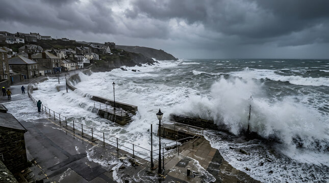 Severe storm waves crashing against the stone harbor wall at Port Isaac in Cornwall England during high tide