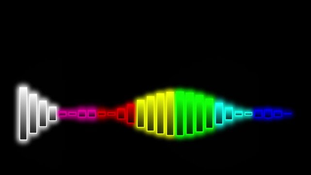 Neon rainbow audio spectrum equalizer animation, pulsing digital sound wave for music visualization and technology backgrounds