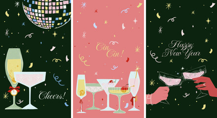 New Year party cards vector set with disco ball champagne glasses confetti and festive greetings © IvaOlena