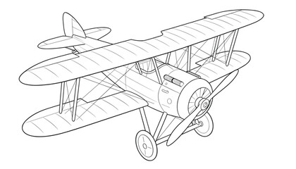 Vintage biplane airplane technical drawing in line art style © tomasz