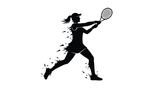 Tennis player hitting a ball with a racket silhouette and ink splash effects