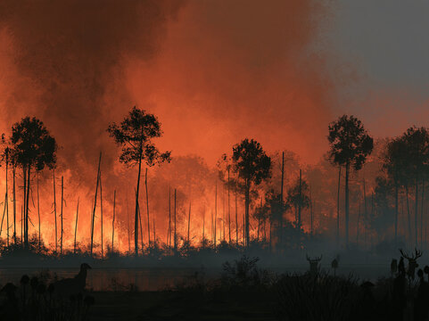 A dramatic forest wildfire at dusk with intense orange flames burning behind silhouetted trees and deer fleeing in the foreground.