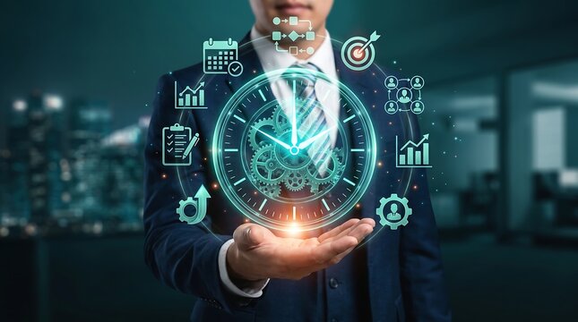 Business professional holding a digital clock hologram for time management and corporate productivity