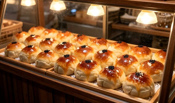 a glass display case at a bakery, rows of anpan. soft round buns filled with smooth red bean paste (koshian), each with a glossy sheen, a black sesame seeds on top 