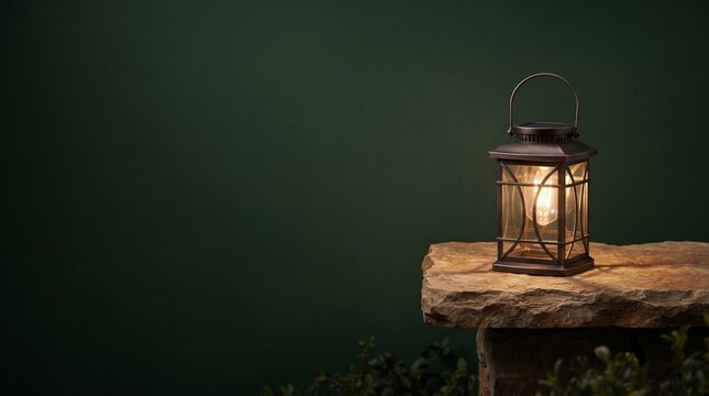 Warm glowing lantern on rustic stone surface for cozy evening garden