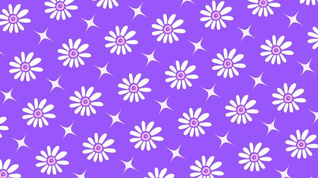Abstract purple background with daisy flower pattern and sparkling stars