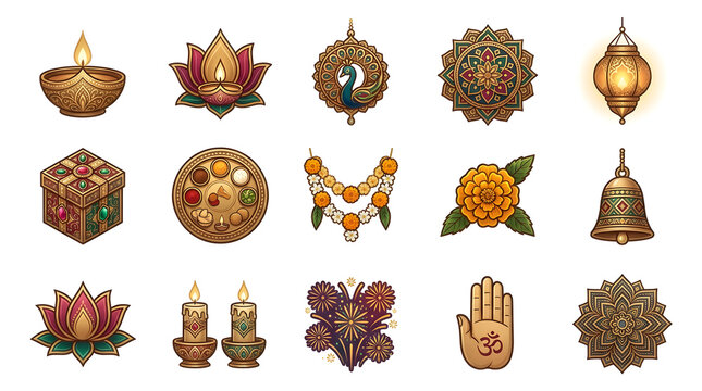 Diwali festival vector icon collection with indian ornate decorative elements. Gold diya oil lamp, hanging lantern, lotus flower, garland, and om hand isolated on white background