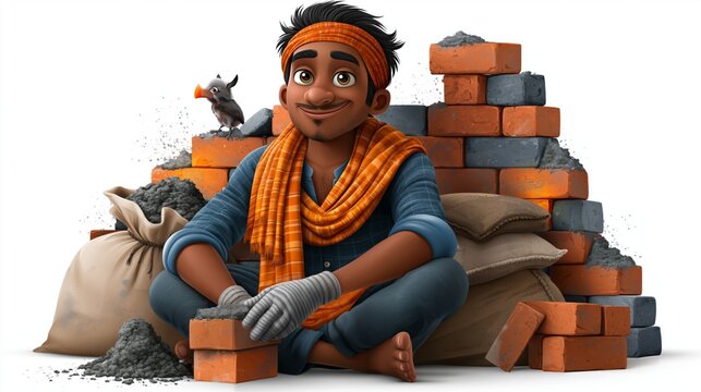 A 3D animated construction worker sits cross-legged with bricks and cement bags against a white background.