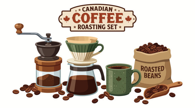 Very beautiful realistic vector product set featuring roasted coffee beans, a hand grinder, pour-over dripper and ceramic coffee mug, Label: "CANADIAN COFFEE ROASTING SET", crisp flat shapes, no gradi