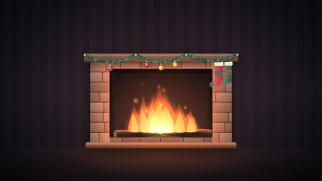 An elegant cozy Christmas fireplace motion graphic. Layered flame tongues rise and lean at different phases, glowing embers drift up through the firebox, and warm firelight washes over the stone surro
