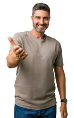 Man caucasian gray hair beard t shirt offering handshake hand greeting and shake, welcoming hands, business success, friendly, successful, smiling studio portrait © Krakenimages.com