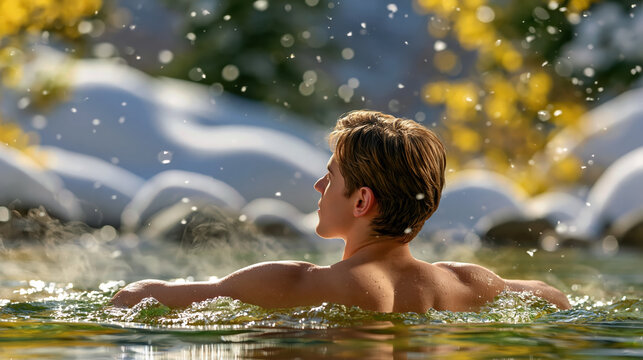 Person soaking in snowy hot spring, back view, warm steam rising as snow falls around relaxing bather