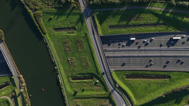 Aerial view of Vechtzicht Aqueduct and A1 motorway near Muiden