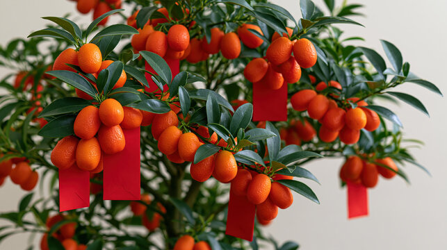Potted kumquat tree with ripe orange fruit and red envelope, creating festive display of glossy leaves and bright citrus