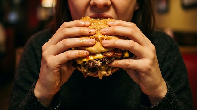 Close up of a person holding a large delicious cheeseburger with both hands ready to take a bite