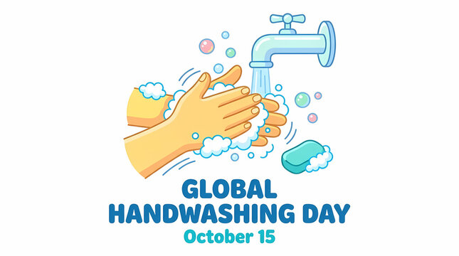 Global Handwashing Day. Hands Washing Under Water Faucet with Soap Bubbles. Hygiene Awareness and Cleanliness Education. Colorful Cartoon Vector Illustration