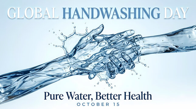Global Handwashing Day. Realistic Water Splash Forming Clean Hands. Pure Water and Better Health Awareness. Blue Atmospheric Illustration