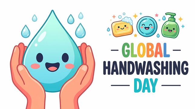 Global Handwashing Day. Cute Smiling Water Droplet Held by Hands. Hygiene Awareness and Cleanliness Education. Colorful Cartoon Vector Illustration