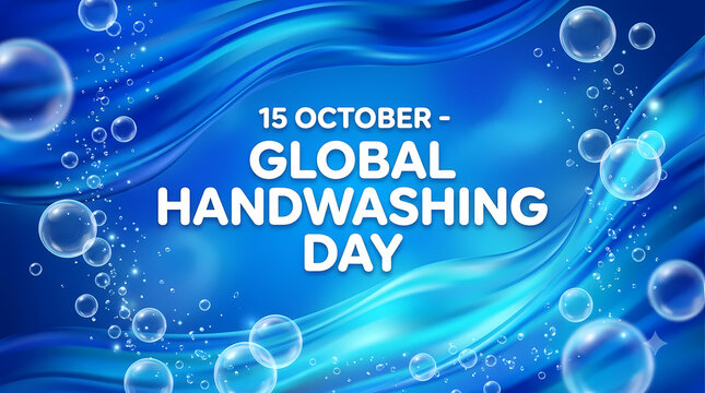 Global Handwashing Day. Flowing Blue Water Waves with Floating Bubbles. Clean Water and Hygiene Awareness. Vibrant Atmospheric Vector Illustration