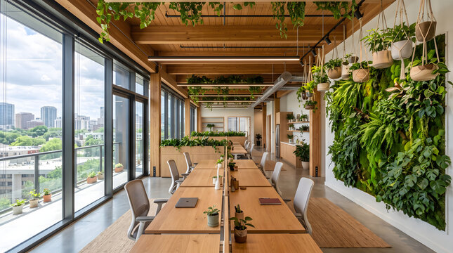 Modern Biophilic Corporate Office Interior with Lush Green Wall and Natural Light