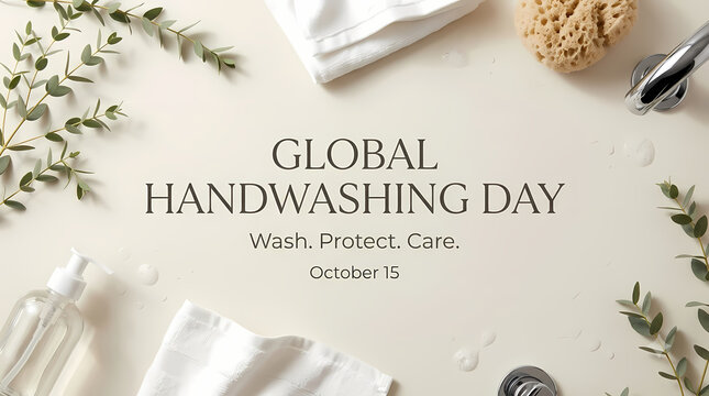 Global Handwashing Day. Natural Soap and Folded Towels with Botanical Bathroom Decor. Personal Hygiene and Cleanliness Awareness. Elegant Minimalist Photography