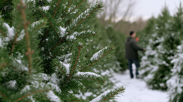 Snow covered Christmas tree, evergreen branch, and tree farm frame person choosing holiday tree on winter day