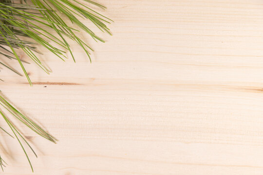 Pine leaves a light wood background