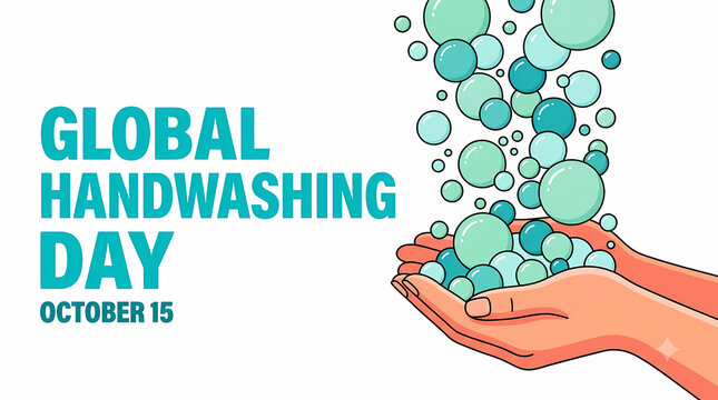 Global Handwashing Day. Open Hands Holding Rising Soap Bubbles. Hygiene Awareness and Cleanliness Campaign. Colorful Minimalist Vector Illustration