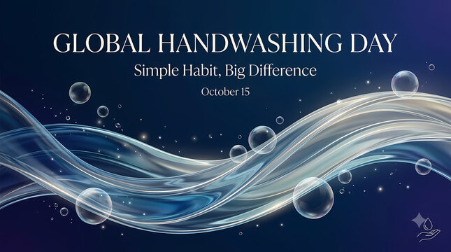 Global Handwashing Day. Flowing Blue Water Waves with Floating Bubbles. Clean Water and Hygiene Awareness. Elegant Atmospheric Vector Illustration