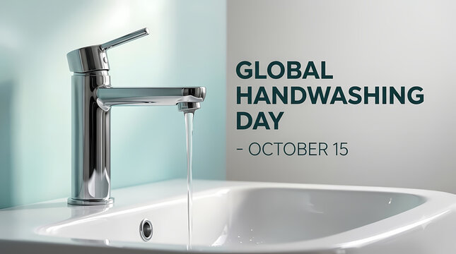 Global Handwashing Day. Modern Chrome Faucet on White Ceramic Sink. Bathroom Hygiene and Cleanliness Awareness. Minimalist Realistic Photography