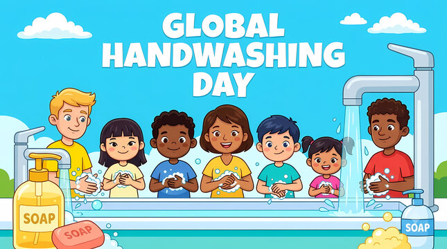 Global Handwashing Day. Diverse Children Washing Hands at School Sink. Hygiene Education and Healthy Habits. Colorful Cartoon Vector Illustration