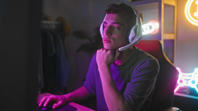 Young man wearing gaming headset yawns with hand to mouth at computer desk in studio with neon controller sign; late night fatigue.