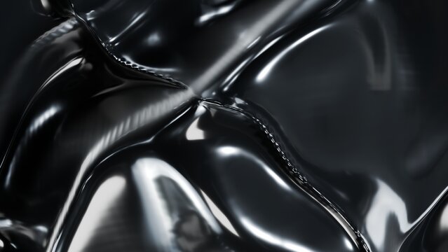 Abstract Macro Background Featuring Glossy Black Synthetic Material with Curving Reflective Surfaces and Deep Shadows for High Contrast Artistic