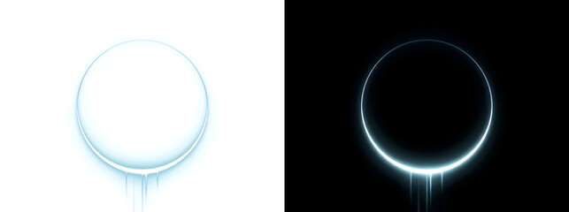 Ring with a bright glowing blue crescent edge and thin light streaks dripping below for futuristic interface designs in PNG, Transparent and Black Background Versions © Nyxthrasza