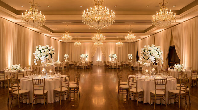 Grand wedding ballroom with gold chiavari chairs, round tables and crystal chandeliers, luxury reception venue concept