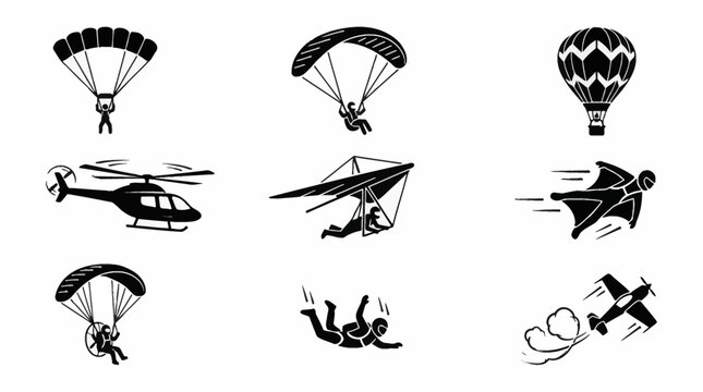 Collection of black and white icons depicting various aerial sports and flying vehicles like parachutes, hot air balloon, helicopter, hang glider, wingsuit, and airplane.