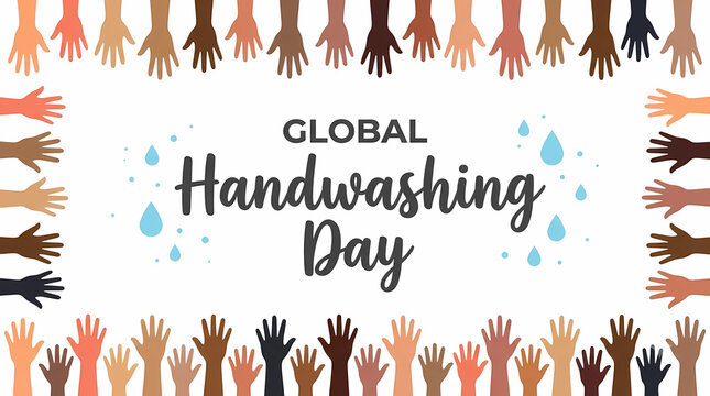 Global Handwashing Day. Diverse Hands Border with Handwritten Hygiene Message. Cleanliness and Health Awareness. Minimalist Colorful Vector Illustration