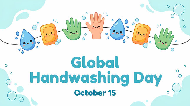 Global Handwashing Day. Colorful Hands and Soap Icons. Hygiene Awareness and Cleanliness Education. Cute Minimalist Vector Illustration