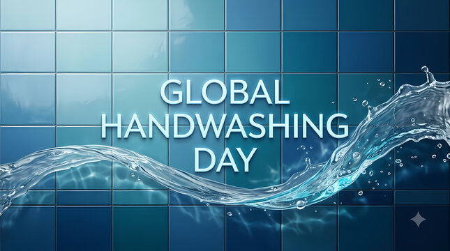 Global Handwashing Day. Dynamic Water Splash on Blue Tile Background. Hygiene Awareness and Clean Water Concept. Modern Realistic Illustration