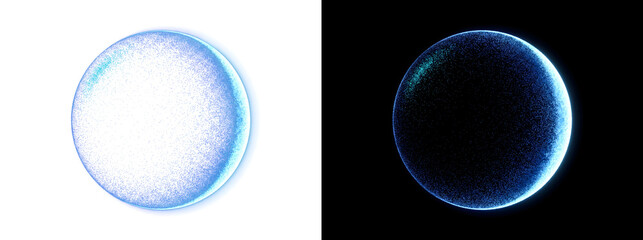 Planet sphere made of fine glowing blue particles with a bright cyan crescent rim and soft outer halo for futuristic space designs in PNG, Transparent and Black Background Versions © Nyxthrasza