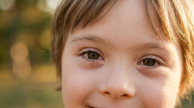 Portrait of a smiling child with Down Syndrome in nature, close up eyes of a happy kid with Down Syndrome outdoors, inclusive education and life for children with Down Syndrome.