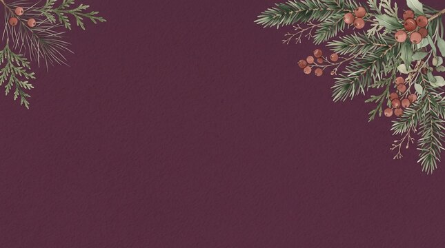 Christmas festive background with green fir branches and red berries on dark
