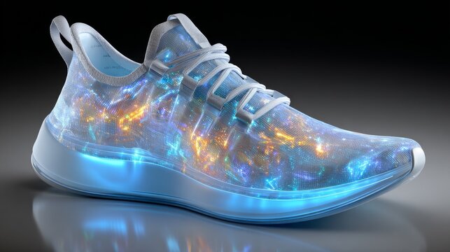 A futuristic sneaker featuring a glowing galaxy pattern on the upper and a blue illuminated sole against a dark background.