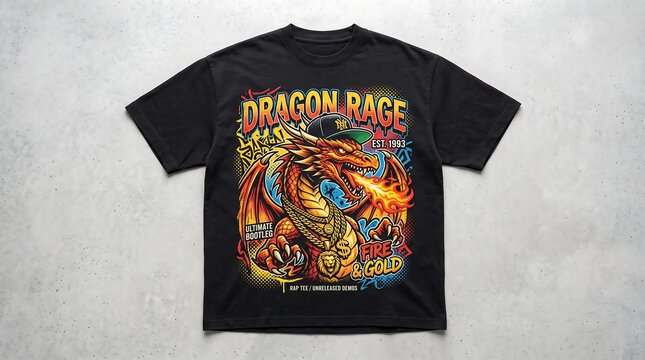 Black t-shirt with dragon rage graphic design featuring fiery dragon